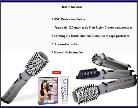 Escova rotating air brush titanium conair + dvd + creme da POLISHOP NOVINHA POR Por R$ 300