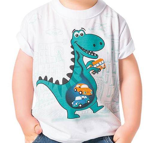 Camiseta Infantil cor branco para meninos com desenho Dino