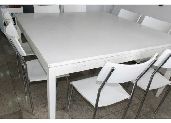 Mesa de Jantar Quadrada em Madeira Branca + 8 cadeiras 1, 51m x 1, 51m - Mesas e cadeiras