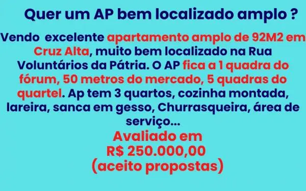 Excelente AP de 92m no centro de Cruz Alta 3Q, Cozinha Americana e pedra em granito, Lareira e Churrasqueira