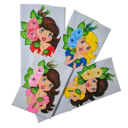 Bonecas Pintadas em Pano de Prato - Kit 5 Panos em Promoção