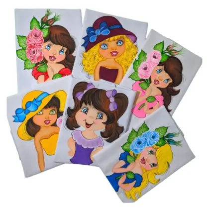 Bonecas Pintadas em Pano de Prato - Kit 5 Panos em Promoção