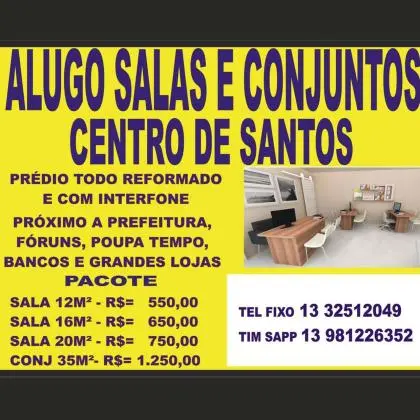 ALUGO SALA COMERCIAIS NO CENTRO DE SANTOS, ÓTIMO LOCAL, A PARTIR DE R$ 500, 00