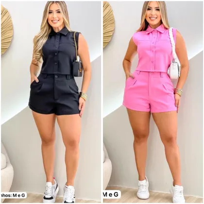 Conjunto Social com Botões e Short de Alfaiataria