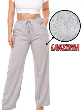 Kit 2 Calça Pantalona Feminina Moletinho Lanzinha Cintura Alta Com Bolso Inverno