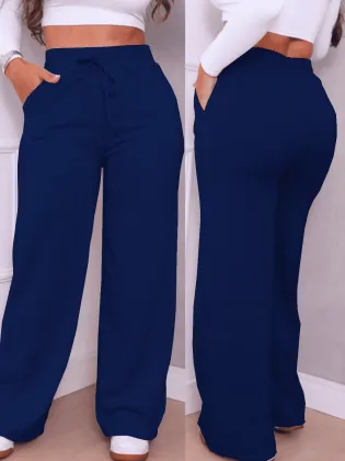 Kit 2 Calça Pantalona Feminina Moletinho Lanzinha Cintura Alta Com Bolso Inverno