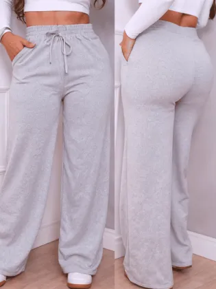 Kit 2 Calça Pantalona Feminina Moletinho Lanzinha Cintura Alta Com Bolso Inverno