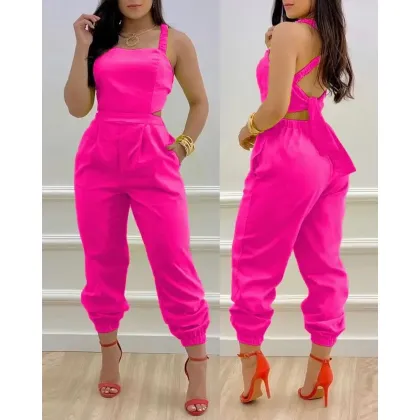 Macacão Longo Elegante Sem Mangas Estampa Casual Verão Sexy Vaza Costas Com Renda Feminino Gola Quadrada Macacãos