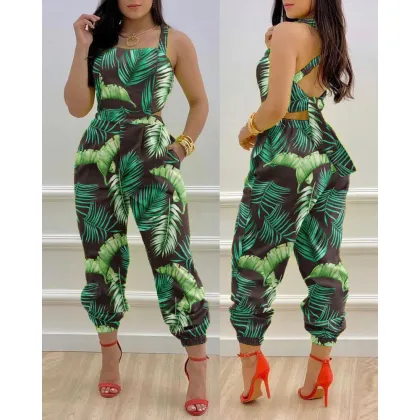 Macacão Longo Elegante Sem Mangas Estampa Casual Verão Sexy Vaza Costas Com Renda Feminino Gola Quadrada Macacãos