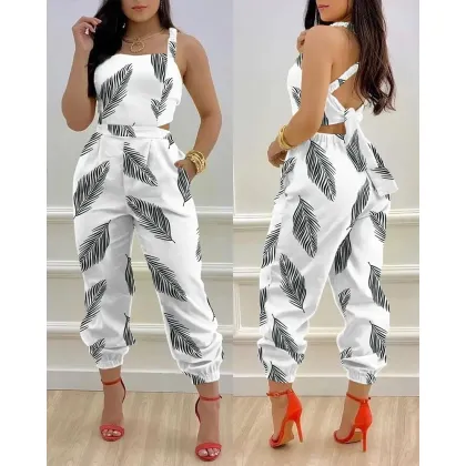 Macacão Longo Elegante Sem Mangas Estampa Casual Verão Sexy Vaza Costas Com Renda Feminino Gola Quadrada Macacãos