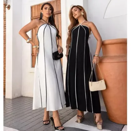 Vestido Longo Feminino Premium Frente Única Listrado Longo Tendência Amarração H-13