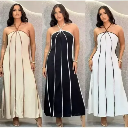 Vestido Longo Feminino Premium Frente Única Listrado Longo Tendência Amarração H-13