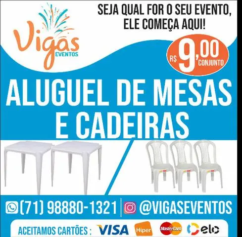 Aluguel de mesas, cadeiras, toalhas e pranchões
