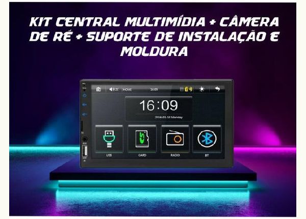 KIT Central Multimídia + câmera de ré + suporte de instalação e moldura. Novos na caixa