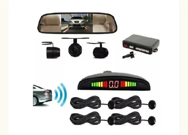 Kit Retrovisor c/Câmera de Ré 2x1 sensor estacionamento cores Branco/Prata/Preto