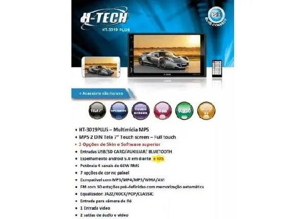 Multimídia H-Tech 2 Din Espelha Android e Iphone Ios Tela 7 C/ Logo das Montadoras