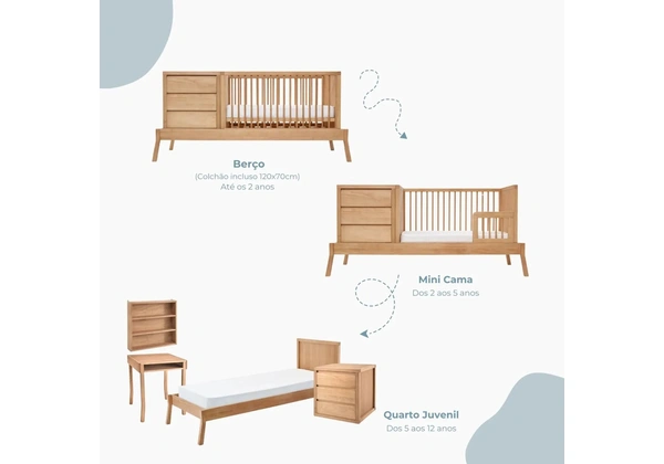 Berço Cama Multifuncional em madeira maciça de cor clara