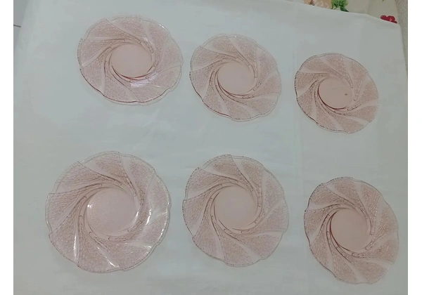 Conjunto 06 pratos (sobremesa) em vidro decorado Salmão.