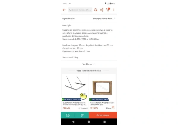 Suporte para ar condicionado modelo janela 7500 a 10000 Btus
