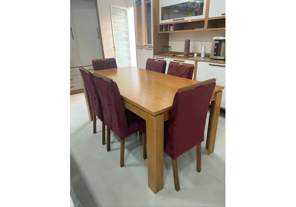 Mesa de Jantar 1, 80 x 0, 80 + 6 Cadeiras de Madeira Maciça Estofadas em Veludo - Sofisticaç