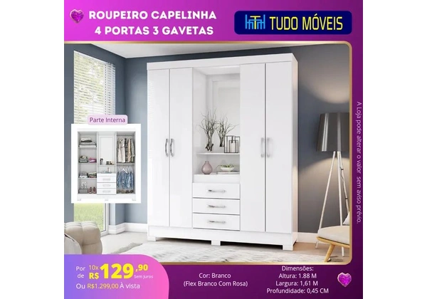 INSTA @TUDO_MOVEIS / ROUPEIRO CAPELINHA COM ESPELHO (MONTAGEM GRÁTIS)