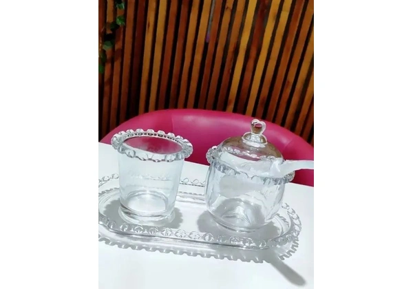Kit Travessa + Açucareiro de vidro Cristal + porta colher em cristal com borda de coração