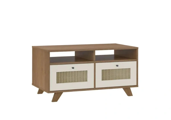 Mesa de Centro 2 Gavetas e Detalhe em Impressão Palha em MDF Marrom