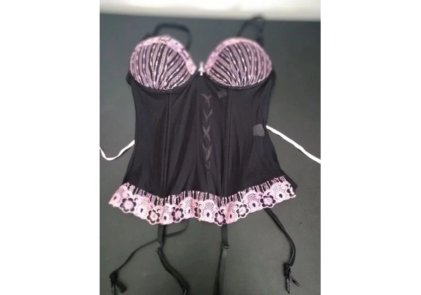 Corset ou Espartilho sexy preto com detalhes em renda rosa e fita de cetim