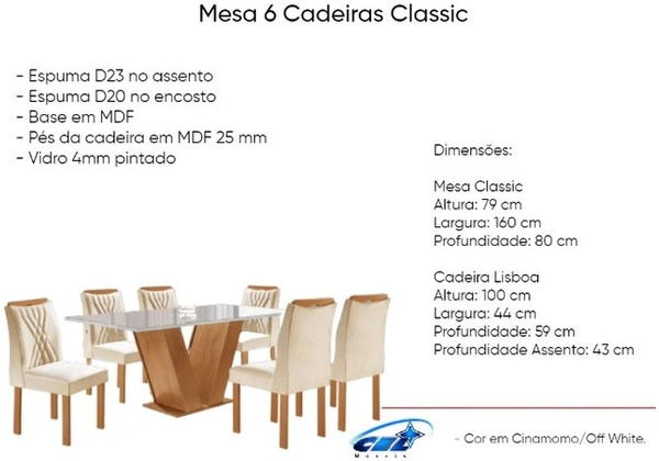 Mesa 6 Cadeiras Classic MDF/vidro Frete grátis