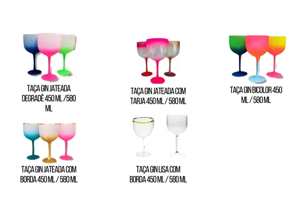 Kit 10 Taças de Gin 450 ml / 580 ml Diversos Modelos e Cores