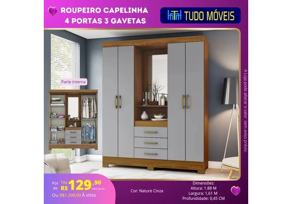INSTA @TUDO_MOVEIS / ROUPEIRO CAPELINHA COM ESPELHO (MONTAGEM GRÁTIS)