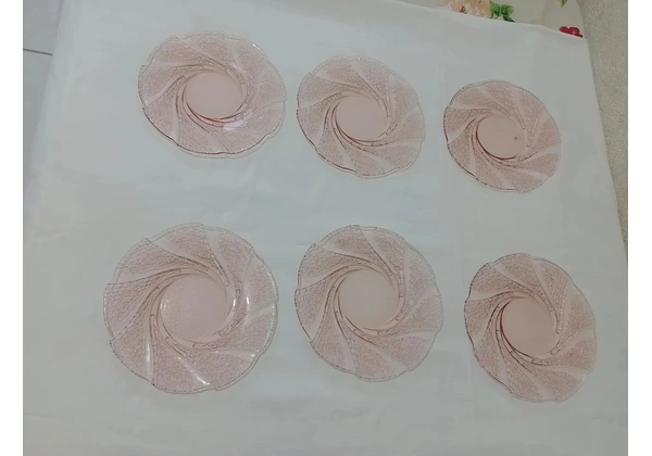Conjunto 06 pratos (sobremesa) em vidro decorado Salmão.