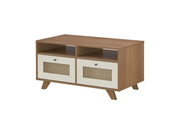 Mesa de Centro 2 Gavetas e Detalhe em Impressão Palha em MDF Marrom