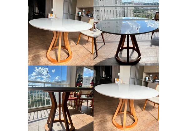 Mesa em madeira maciça, tampo laqueado com vidro