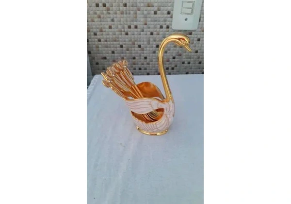 Cisne dourado com rosa acompanha 6 colheres de sobremesa aço inoxidável dourado
