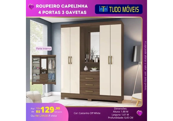 INSTA @TUDO_MOVEIS / ROUPEIRO CAPELINHA COM ESPELHO (MONTAGEM GRÁTIS)