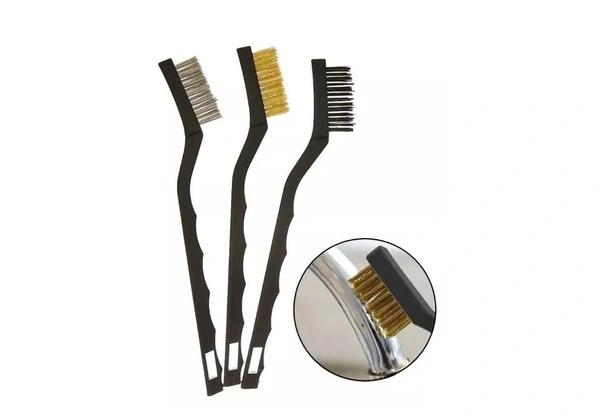 Jogo 3 Mini Escovas Cerdas Aco Latao E Nylon, Cabo Plastico Adicionar aos favoritos