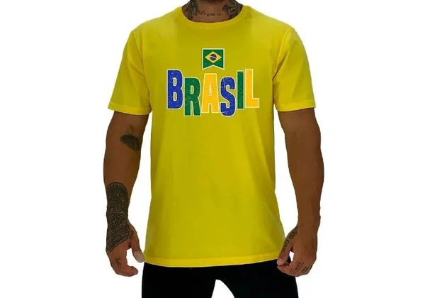 Camiseta Tradicional Masculina Brasil Escrita Colorida Tamanho P-M-G-GG e EG
