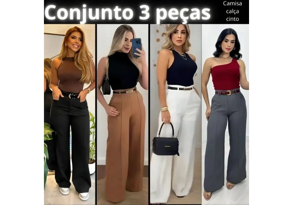 Conjunto feminino 3 peças calça pantalona cropped regata e cinto para trabalhar