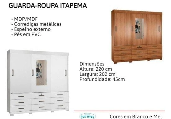 Guarda-Roupa Itapema 2, 02 3 portas e 9 gavetas Promoção
