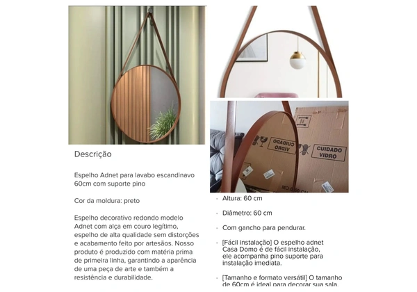 Espelho Redondo com Alça de Couro - Moderno e Elegante