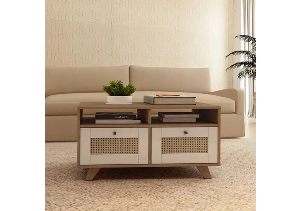 Mesa de Centro 2 Gavetas e Detalhe em Impressão Palha em MDF Marrom