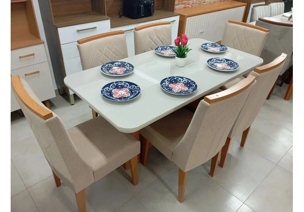 Mesa de jantar 6 lugares cadeiras linho orlando