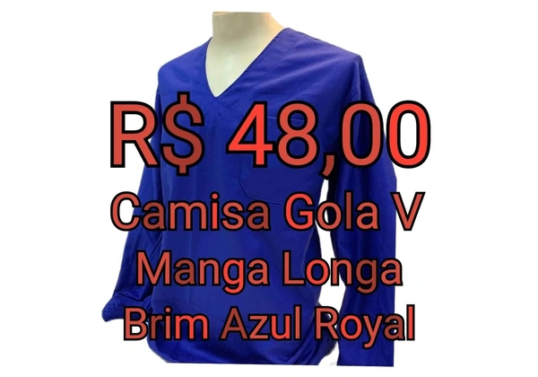 Camisa de Brim Gola V Manga Longa- Azul Royal