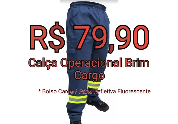 Calça Operacional Brim Cargo com Faixa Refletiva Fluorescente
