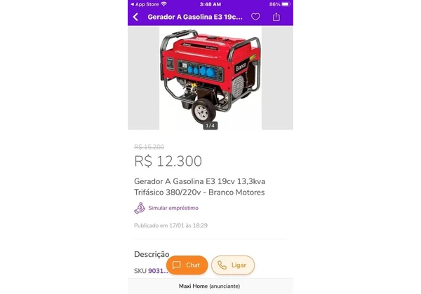 Gerador a Gasolina E3 19cv 13, 3kva Trifásico 380/220v - Branco Motores