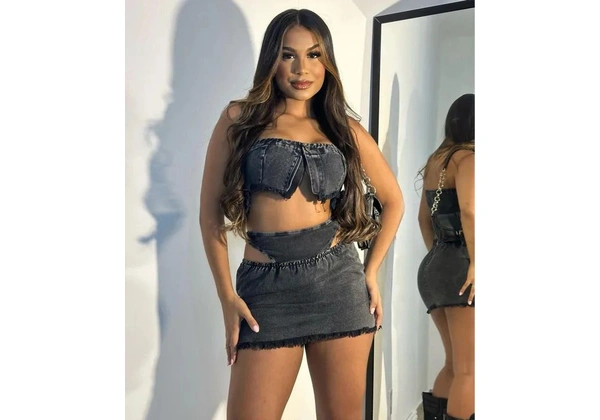 Conjunto Jeans Preto - Top e Saia