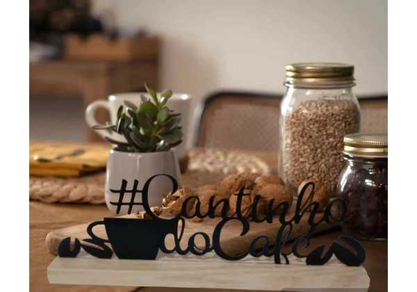 Frase Decorativa (Cantinho Do Café) Com Base Madeira Pinus e laminado preto