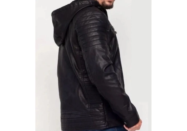 Jaqueta Masculina Slim De Couro Com Bolsos E Capuz Inverno