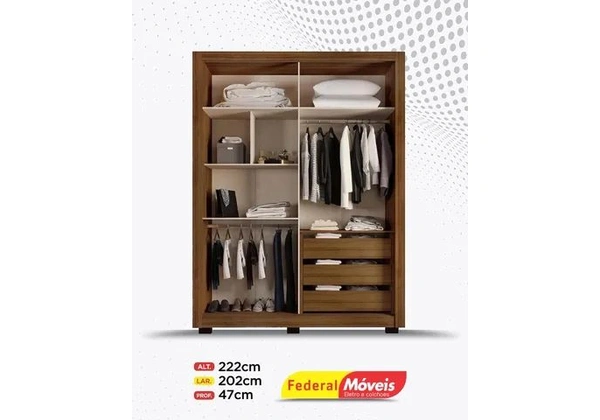 Guarda Roupa 2 Portas 3 Gavetas Espelho e Pés Direto da Fabrica Novo